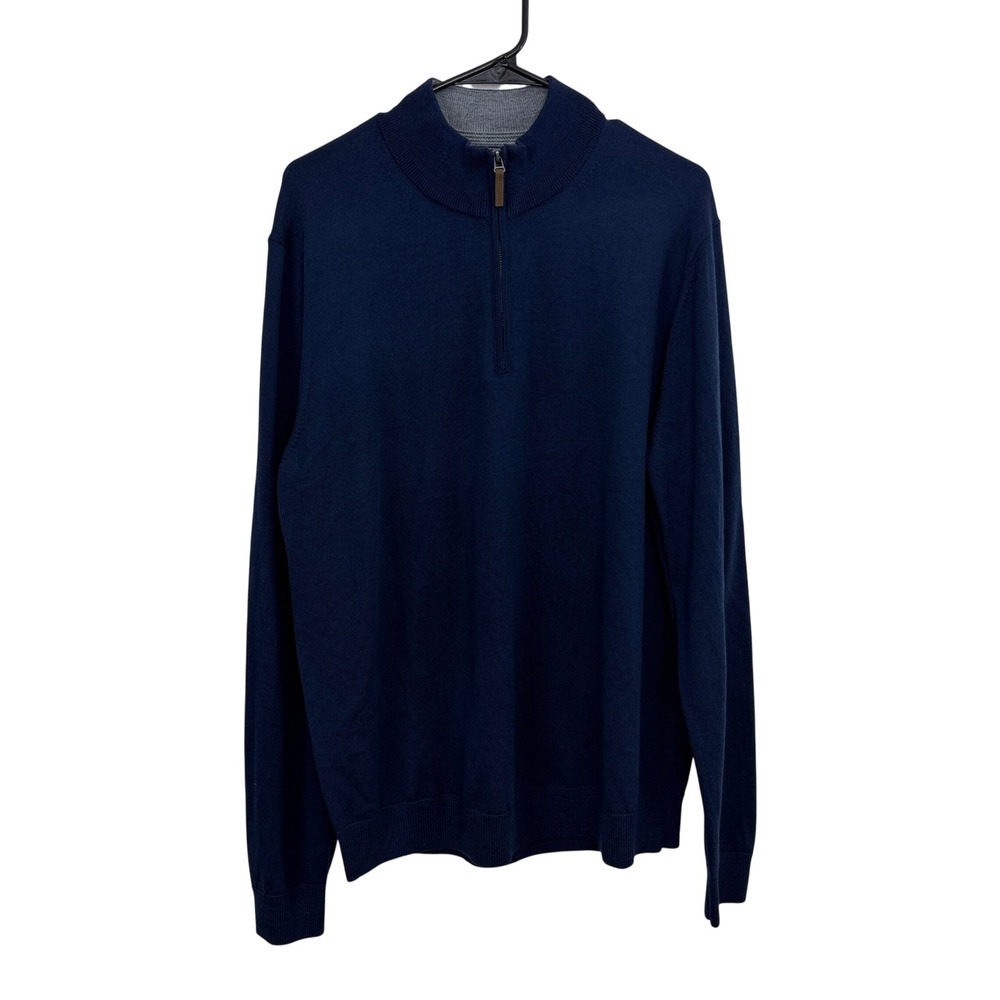 Nordstrom Sweater Mens XL Blue Merino Wool Quarter Zip Mock Neck Pullover